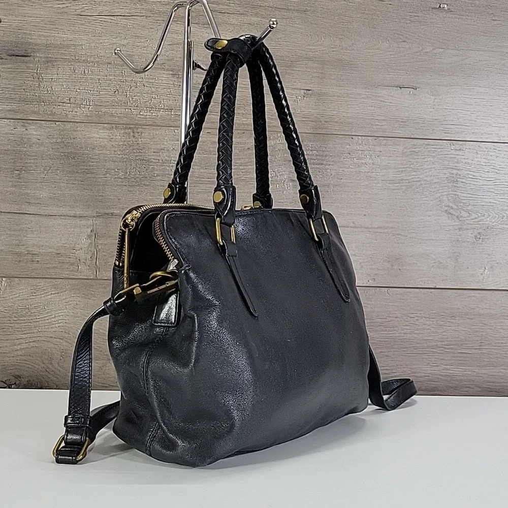 Elliott Lucca Black Leather Satchel with Braided Handles